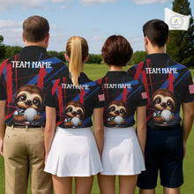 Load image into Gallery viewer, Golf team wearing matching funny sloth golf polos with artistic brush effects for tournaments, golf leagues and team building events.