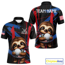 Load image into Gallery viewer, Men's funny golf polo featuring adorable sloth with artistic red and blue brush stroke graphics, custom golf shirt for men's golf teams, family golf outings and golf gifts, symbolizing friendship, creativity and fun.