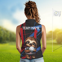 Load image into Gallery viewer, Female golfer wearing cute sloth golf polo featuring colorful brush artwork, representing positive energy and fun golf lifestyle.
