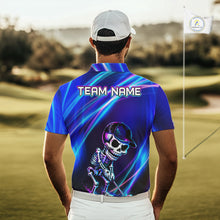 Load image into Gallery viewer, Male golfer wearing neon skull golf polo during championship event, stylish golf apparel for gothic fashion, Halloween golf outings and bold personalities.