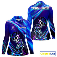 Load image into Gallery viewer, Women's golf polo with neon skull graphics, bold custom golf apparel for Halloween golf tournaments, alternative fashion and golf team uniforms.