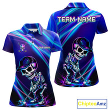 Load image into Gallery viewer, Women's golf polo with neon skull graphics, bold custom golf apparel for Halloween golf tournaments, alternative fashion and golf team uniforms.