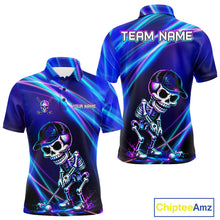Load image into Gallery viewer, Men's golf polo featuring glowing skeleton skull with neon purple and blue graphics, personalized performance golf apparel for Halloween golf tournaments, alternative golf fashion and men's golf teams, symbolizing strength, individuality and fearless spirit.