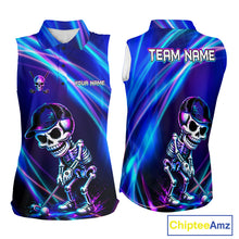 Load image into Gallery viewer, Women's sleeveless golf polo featuring glowing skeleton skull with neon purple and blue artwork, personalized golf apparel symbolizing strength, individuality and fearless spirit.