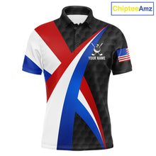Load image into Gallery viewer, Men's black golf polo featuring golf ball pattern and patriotic American flag artwork, personalized performance golf apparel for men's golf tournaments, veterans, golf clubs and Father's Day gifts, symbolizing strength, unity and American pride.