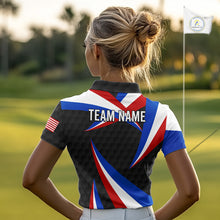 Load image into Gallery viewer, Female golfer wearing personalized black patriotic golf polo, elegant golf apparel for ladies golf clubs, Memorial Day events and Independence Day tournaments.