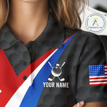 Load image into Gallery viewer, Female golfer wearing personalized black patriotic golf polo, elegant golf apparel for ladies golf clubs, Memorial Day events and Independence Day tournaments.