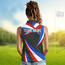 Load image into Gallery viewer, Female golfer wearing personalized black patriotic golf polo, elegant golf apparel for ladies golf clubs, Memorial Day events and Independence Day tournaments.