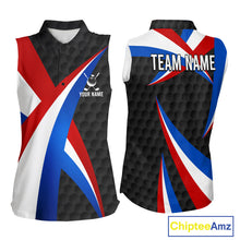 Load image into Gallery viewer, Women's sleeveless golf polo featuring black golf ball pattern with patriotic American flag artwork, personalized golf apparel representing strength, unity and American pride.