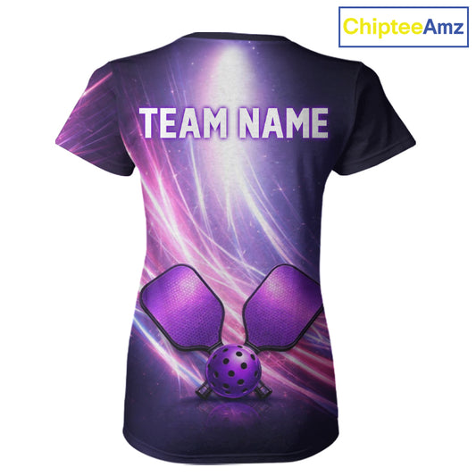 Custom Lightning Purple And Pink Pickleball T-Shirt For Women Pickleball Ball & Paddle Jersey NYN2578