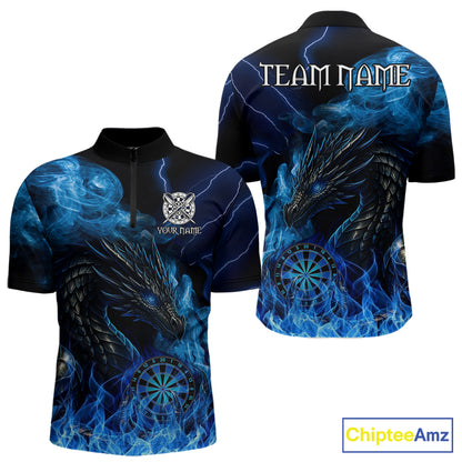 Personalized blue flaming dragon dart quarter zip shirt for men custom darts team jersey