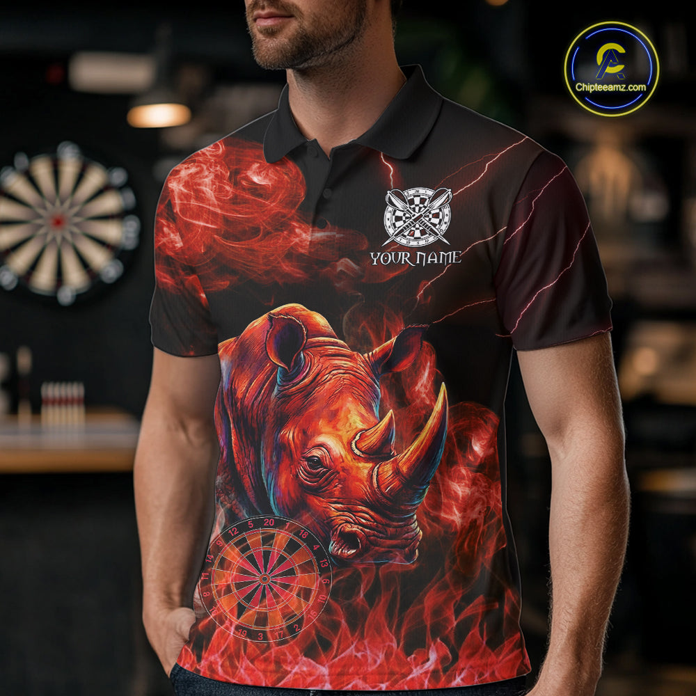 Personalized Men Rhino Dart Polo & Quarter-Zip Shirt Custom Name Team Red Flaming Rhino Dart Jersey NYN3360