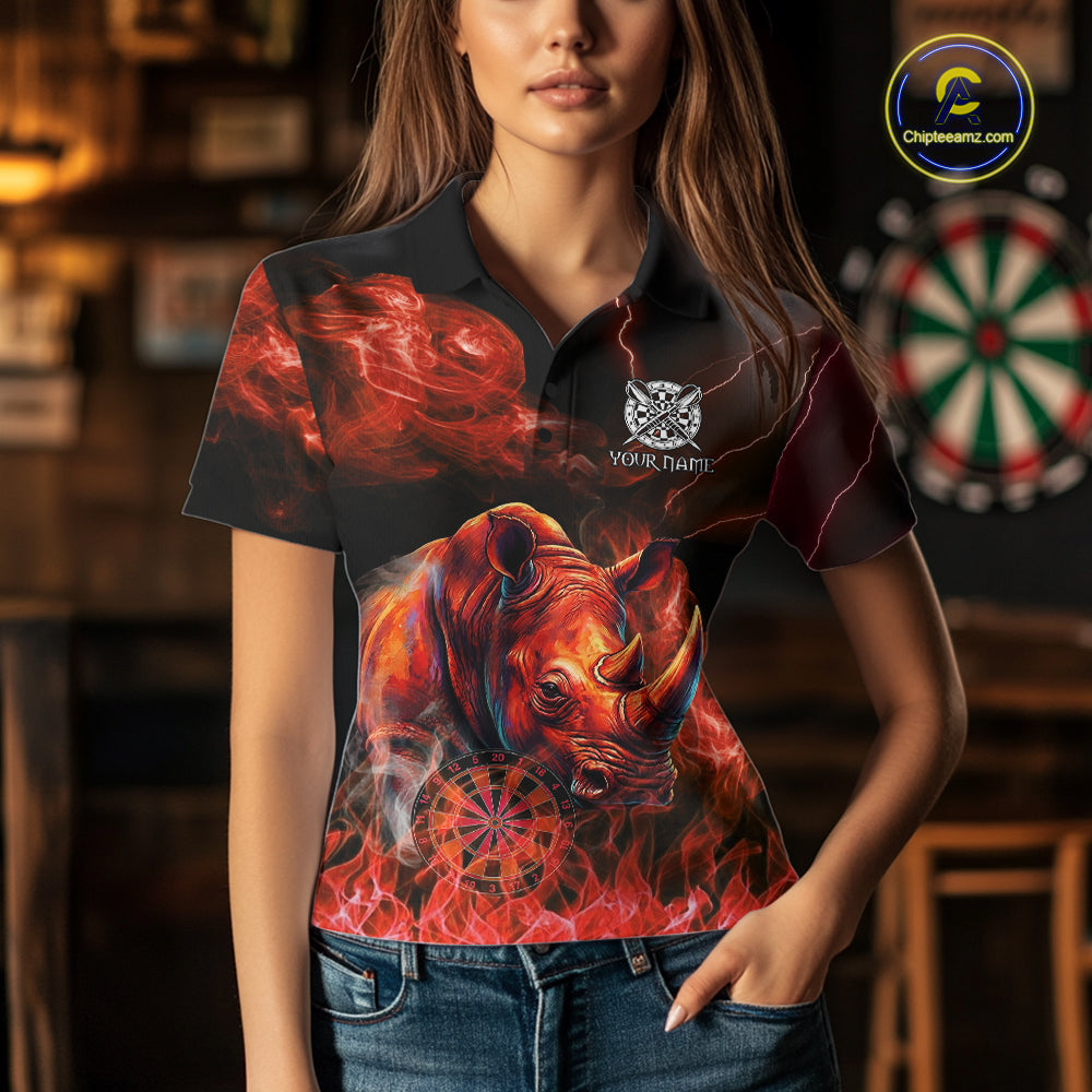 Personalized Women Rhino Dart Polo & Quarter-Zip Shirt Custom Name Team Red Flaming Rhino Dart Jersey NYN3360