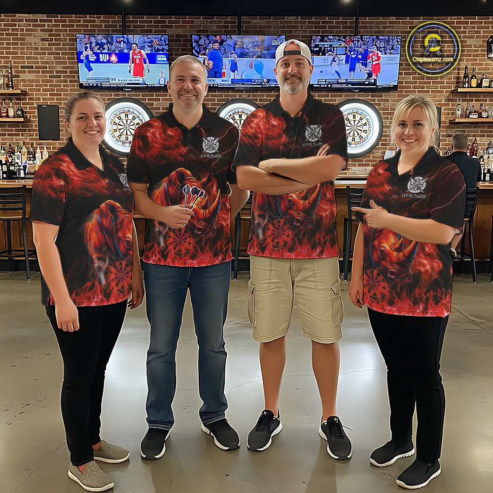Personalized Men Rhino Dart Polo & Quarter-Zip Shirt Custom Name Team Red Flaming Rhino Dart Jersey NYN3360