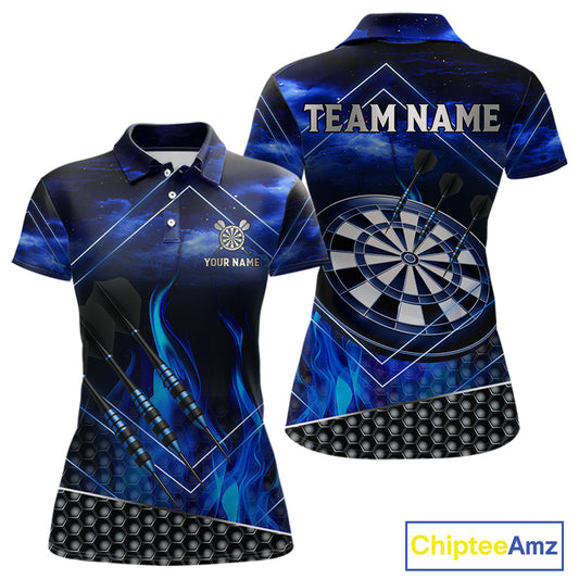 Flaming Dartboard & Dart Arrows Blue Darts Shirt For Women - Custom Name & Team Jersey NYN0668