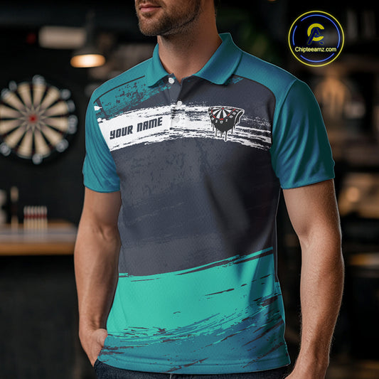Custom Grunge Black And Turquoise Dripping Dartboard Dart Team Men Polo Shirt NYN1548