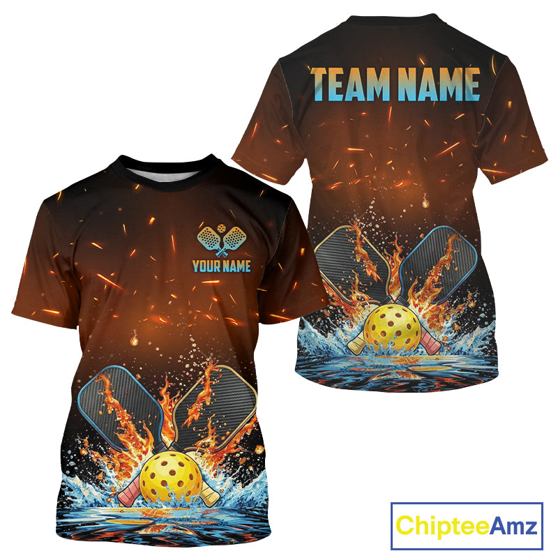 Red flaming blue water pickleball ball paddle tshirt for men personalized jersey