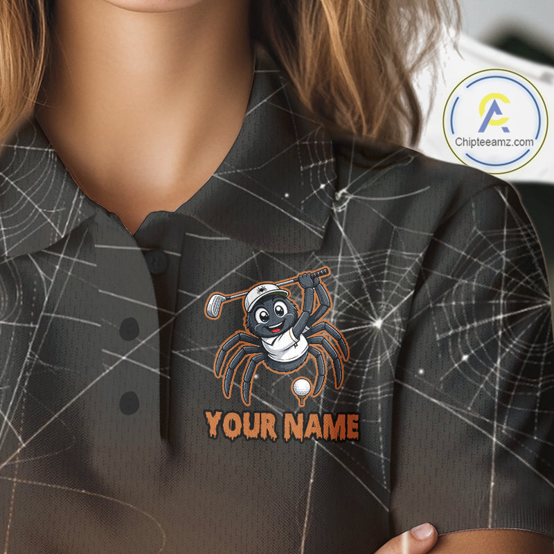 Female golfer wearing Funny Spider Halloween golf polo, personalized golf apparel, spiderweb golf fashion, autumn golf outfit, golf vacation clothing, Halloween golf league uniform