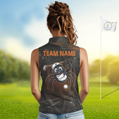 Female golfer wearing Funny Spider Halloween golf polo, personalized golf apparel, spiderweb golf fashion, autumn golf outfit, golf vacation clothing, Halloween golf league uniform