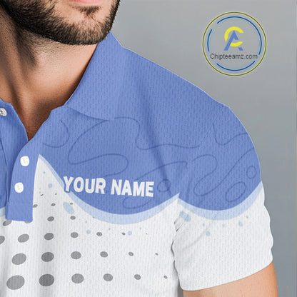 Male golfer wearing Summer Crab golf polo, golf vacation apparel, performance golf uniform, tropical golf fashion