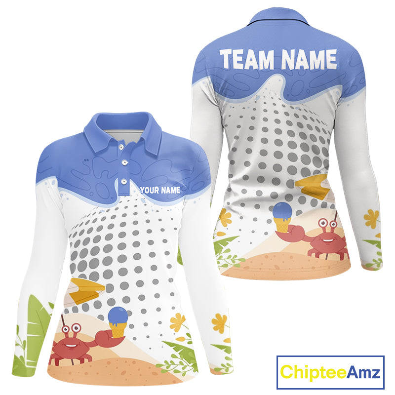 Custom Summer Crab women's golf polo shirt featuring colorful crab artwork, golf team uniform, summer golf outfit, personalized apparel