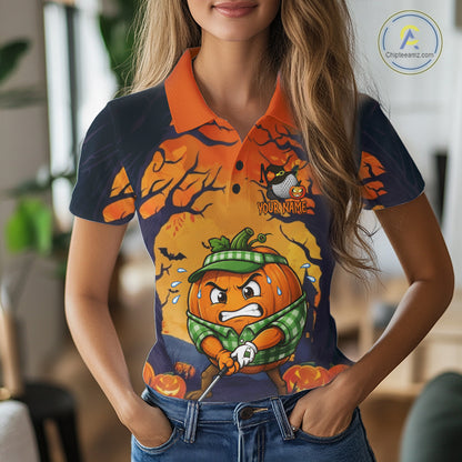 Female golfer wearing Pumpkin Halloween golf polo, personalized golf apparel, pumpkin golf fashion, fall golf vacation