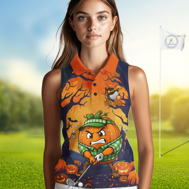 Female golfer wearing Pumpkin Halloween golf polo, personalized golf apparel, pumpkin golf fashion, fall golf vacation
