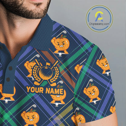 Male golfer wearing Plaid Pumpkin golf polo, golf club apparel, fall golf tournament clothing, personalized golf shirt
