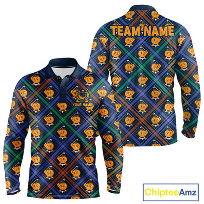 Plaid Pumpkin men's golf polo shirt, Halloween golf apparel, breathable golf team uniform, custom golf clothing