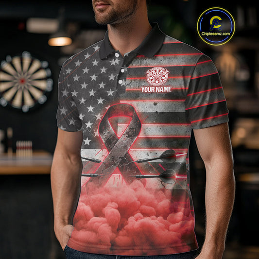 Red Cloud Ribbon US Flag Dart Arrow Custom Breast Cancer Awareness Darts Men Polo Shirt NYN1818