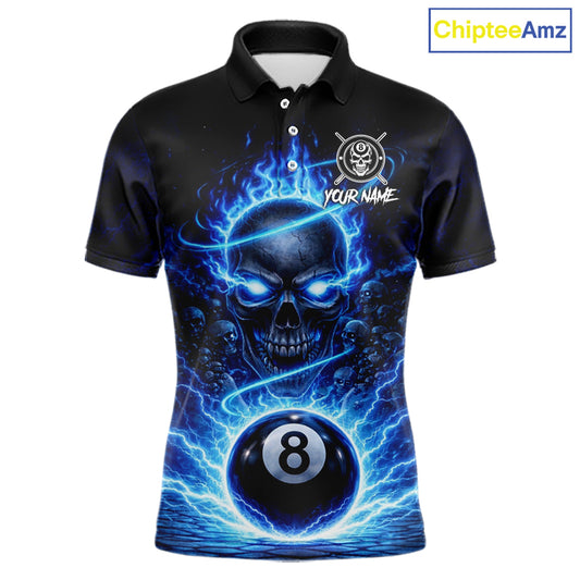 Blue Flames Multi Skull Thunder Pool 8 Ball 3D Billiard Shirt For Men Custom Billiard Team Attire NYN2603