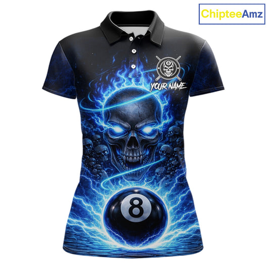 Blue Flames Multi Skull Thunder Pool 8 Ball 3D Billiard Shirt For Women Custom Billiard Team Attire NYN2603