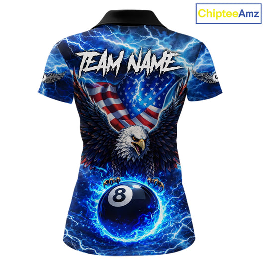 US Flag Eagle Thunder Blue Pool 8 Ball Women Billiard Shirt Custom Patriotic Billiard Team Attire NYN2604