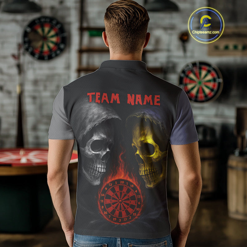 Flaming Dartboard Dual Skulls Funny Darts Shirt For Men - Customizable Name & Team NYN0404