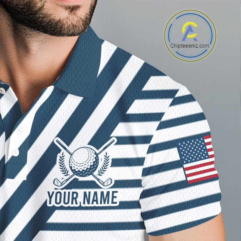 White And Blue Pinstripe Men Golf Polo Shirt Personalized Patriotic Golf Team Outfits NYN3387