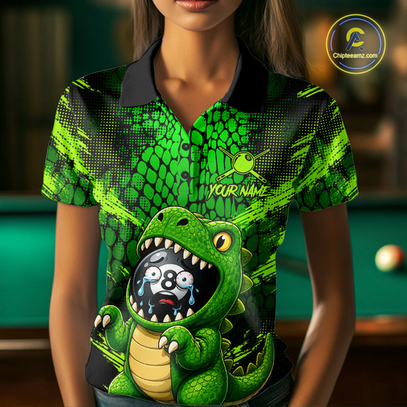 Female model wearing Funny Alligator billiard polo, wildlife cue sports apparel, outdoor lifestyle, personalized team uniform