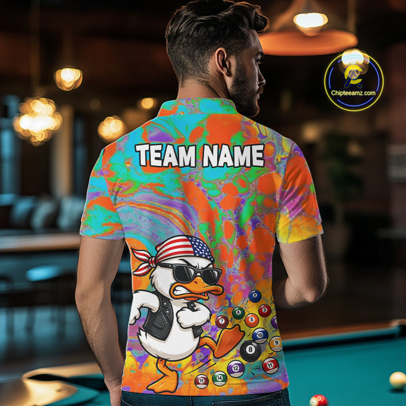 Male model wearing Funny Duck billiard polo during league competition, custom team jersey