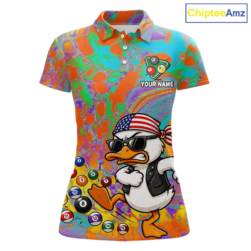 Colorful Funny Duck Women's Billiard Polo Shirt, Personalized Duck Pool Team Jersey, Custom Team Name Cue Sports Apparel