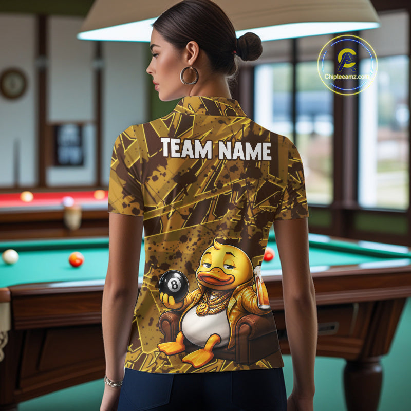 Female model wearing Brown Yellow Duck billiard polo, novelty animal sportswear, personalized cue sports apparel