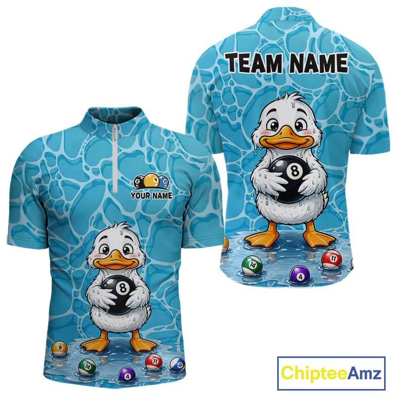 Blue Wet Duck Men's Quarter-Zip Billiard Shirt, Funny Pool League Apparel