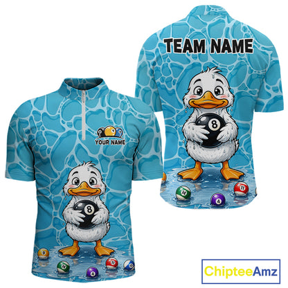 Blue Wet Duck Men's Quarter-Zip Billiard Shirt, Funny Pool League Apparel