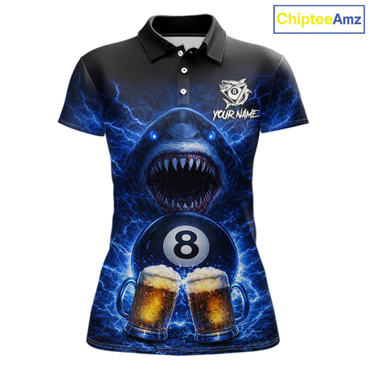 Blue Funny Lightning Shark Cheer Beers Pool 8 Ball Women Billiard Shirt Custom Ball Billiard Attire NYN2613