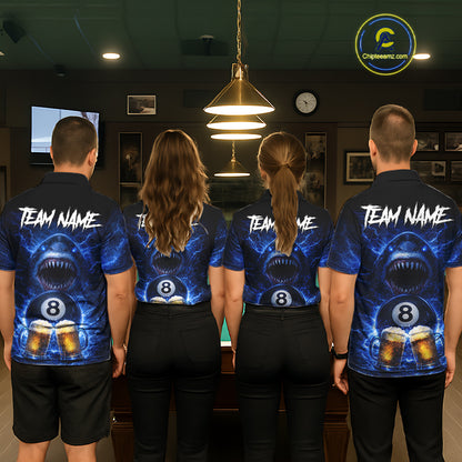 Blue Funny Lightning Shark Cheer Beers Pool 8 Ball Women Billiard Shirt Custom Ball Billiard Attire NYN2613