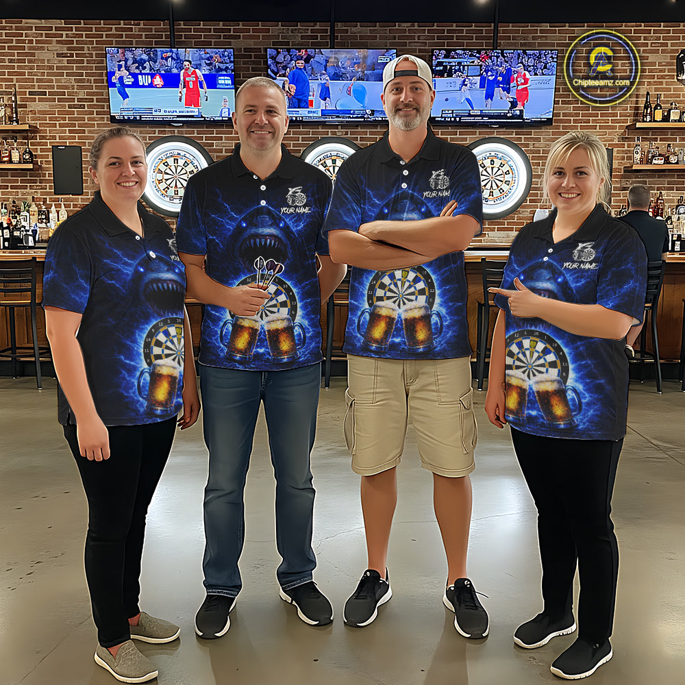 Blue Horror Shark Cheer Beer & Dartboard Women Darts Quarter-Zip Shirt Custom Funny Dart Team Jersey NYN2617