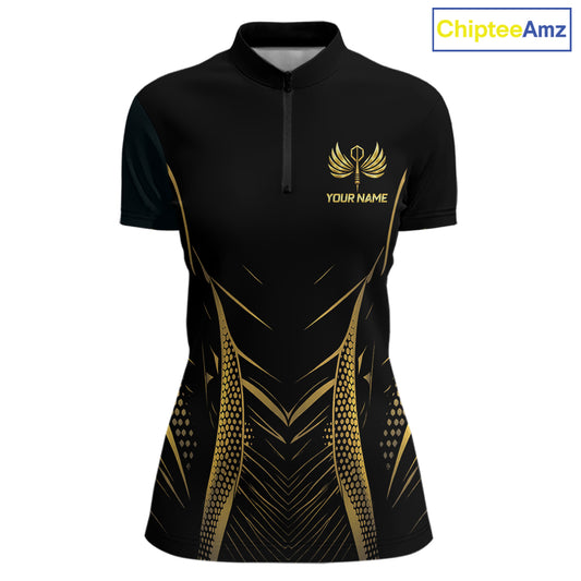 Personalized Black And Gold Wings Dart Arrow Women Darts Quarter-Zip Shirt Custom Dart Team Jersey NYN2619
