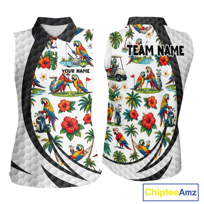 Tropical White And Black Golf Ball Sleeveless Polo Golf Shirts For Women Custom Parrot Golf Attire NYN3175