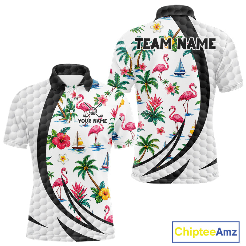 Tropical White And Black Golf Ball Polo Golf Shirts For Men Custom Flamingo Golf Team Attire NYN3176