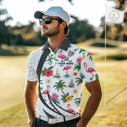 Tropical White And Black Golf Ball Polo Golf Shirts For Men Custom Flamingo Golf Team Attire NYN3176