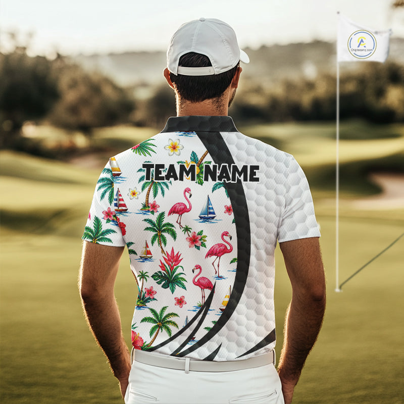 Tropical White And Black Golf Ball Polo Golf Shirts For Men Custom Flamingo Golf Team Attire NYN3176