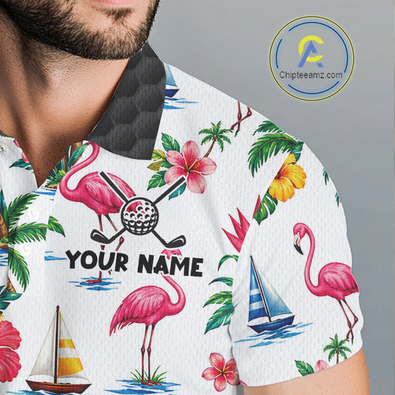 Tropical White And Black Golf Ball Polo Golf Shirts For Men Custom Flamingo Golf Team Attire NYN3176